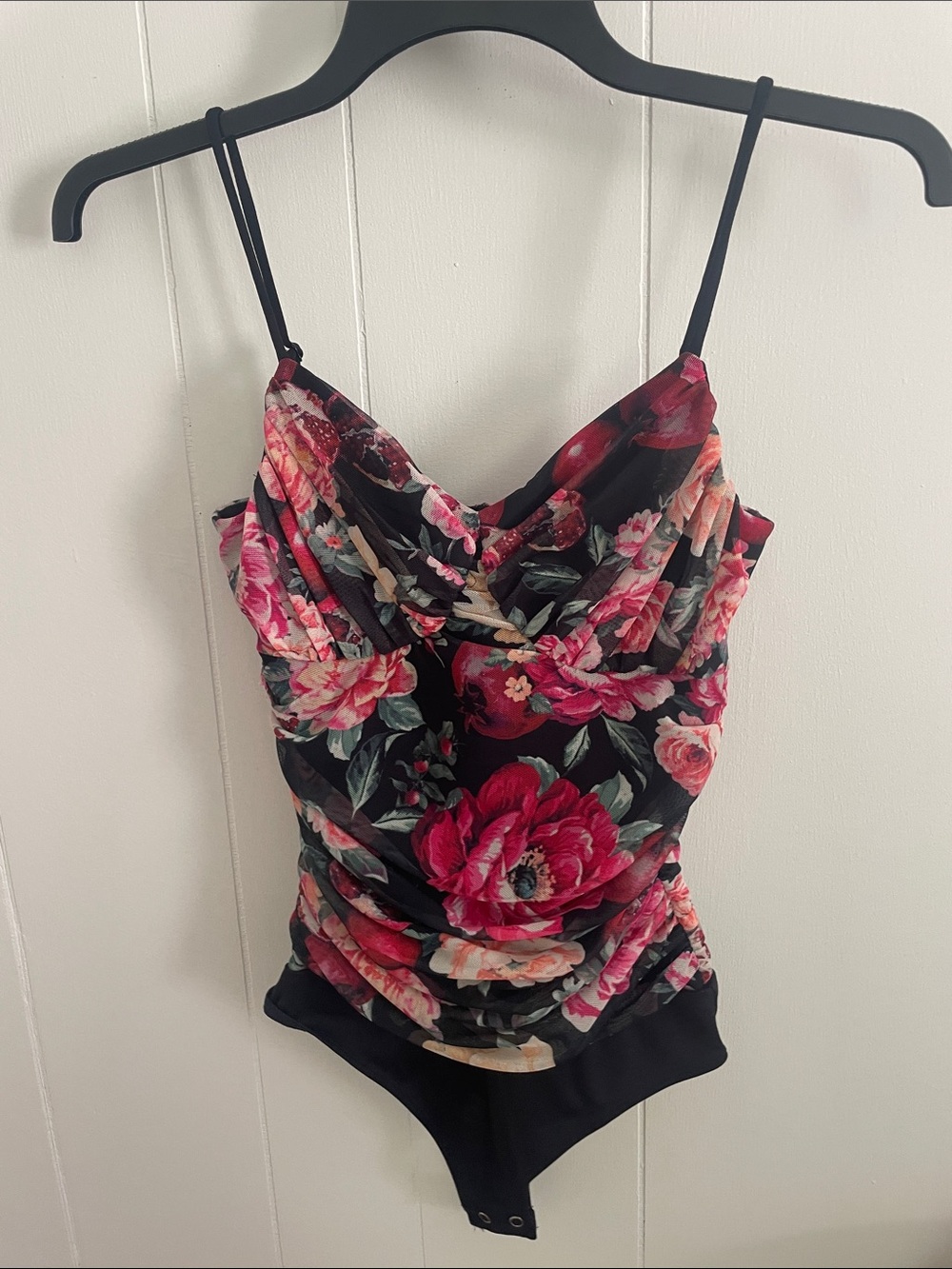 Express Black Floral Ruched Bodysuit Cami